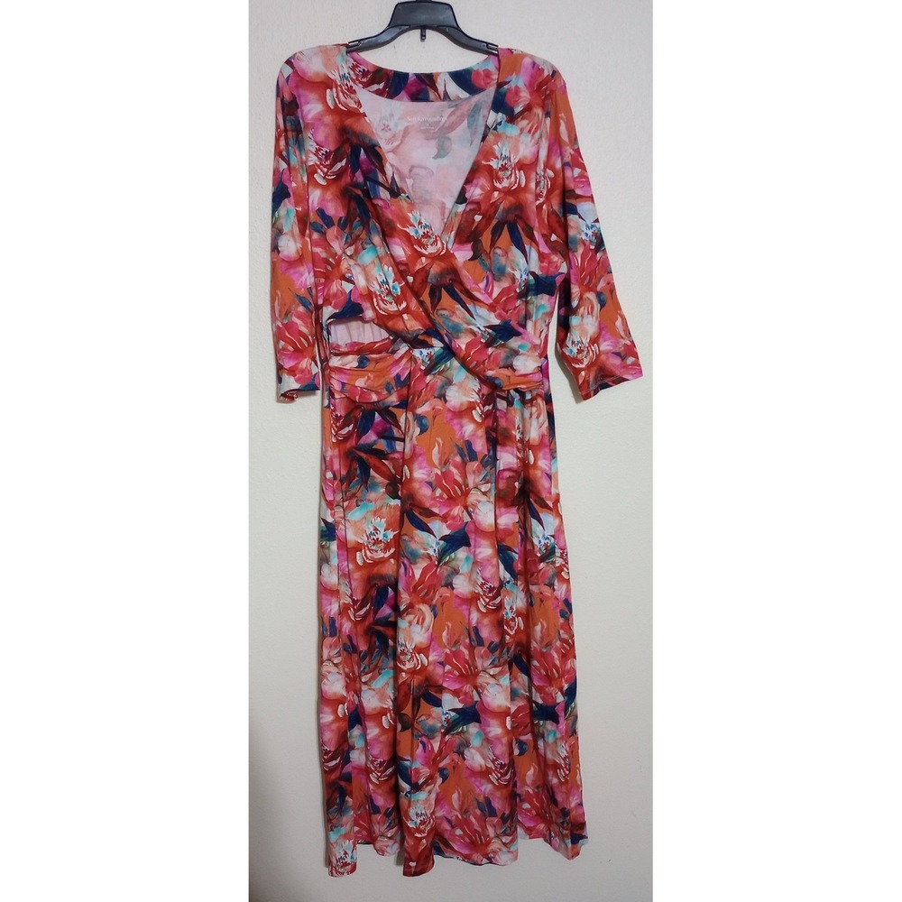 Soft Surroundings Floral Faux Wrap Maxi Dress Orange Pink 1X 5EY67 3/4 Sleeve